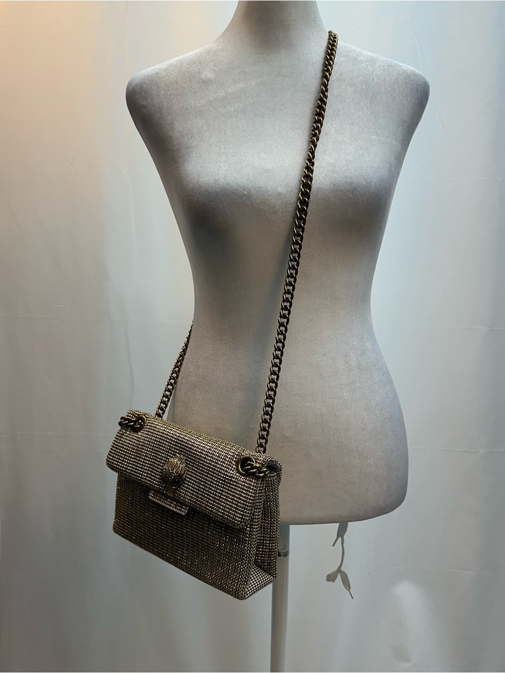 Kurt Geiger Kensington Tweed Gold Crystal Chain Crossbody Bag NEW
